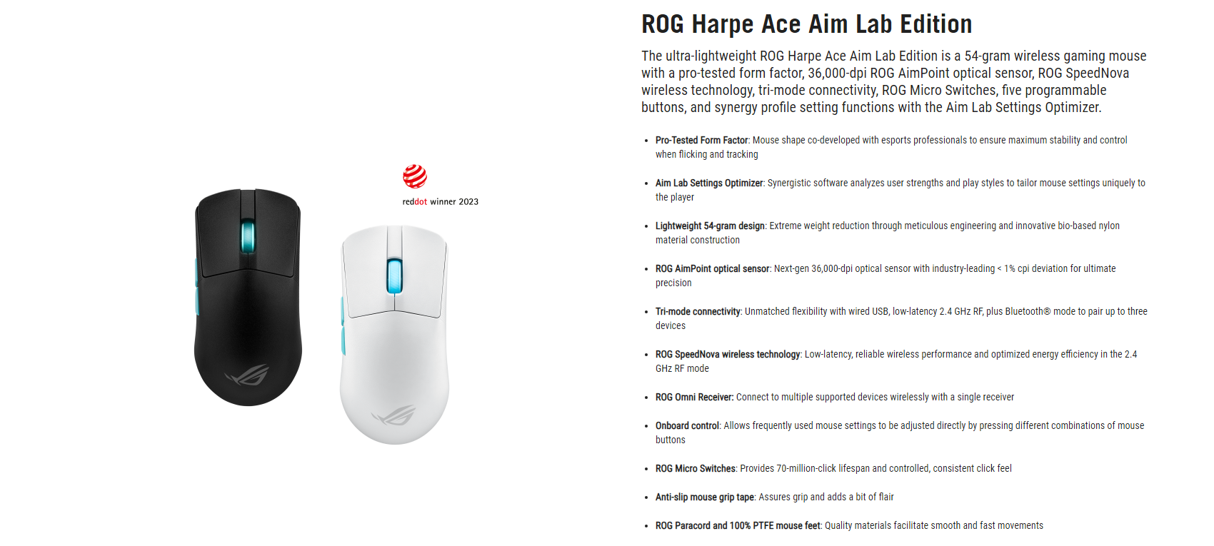 A large marketing image providing additional information about the product ASUS ROG Harpe Ace Wireless Gaming Mouse - Aim Lab Edition - White - Additional alt info not provided